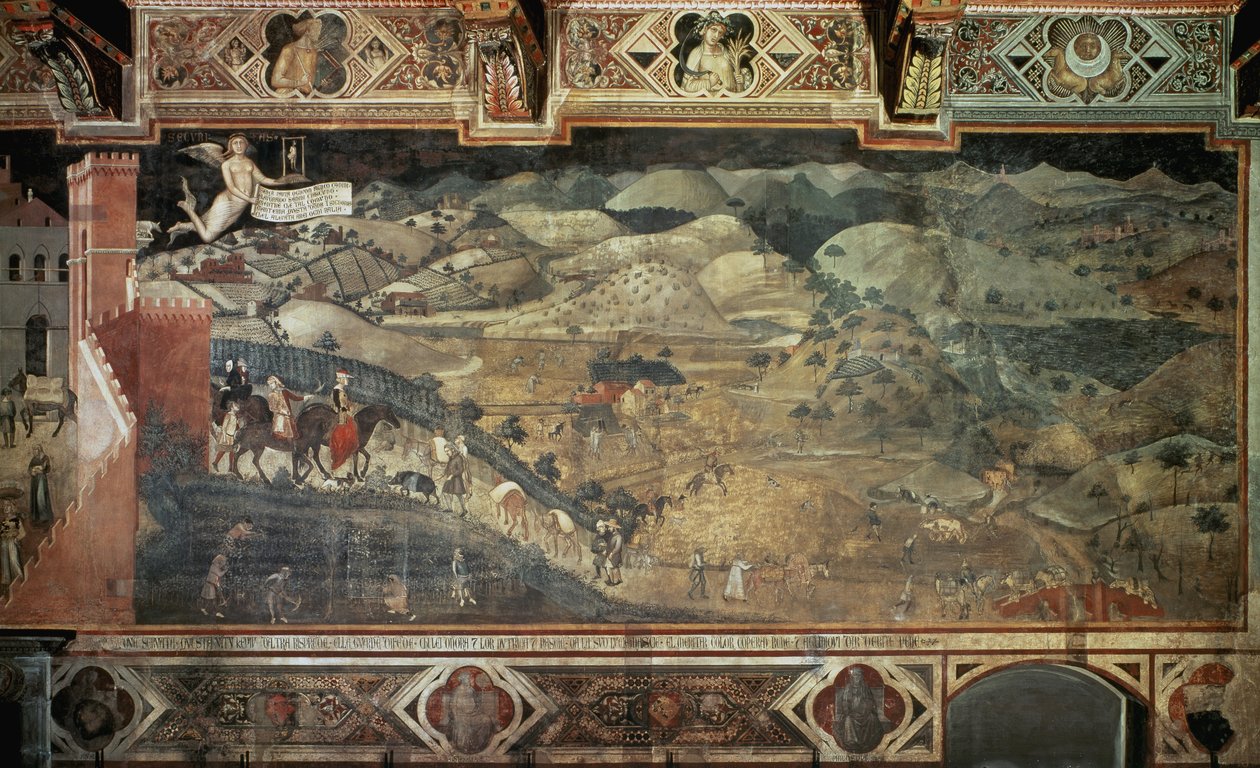 A vidék (A jó kormányzás hatásai a városokban és a vidéken részlet) - Ambrogio Lorenzetti (1285-1348?) freskója, 390x810 cm alkotó: Ambrogio Lorenzetti
