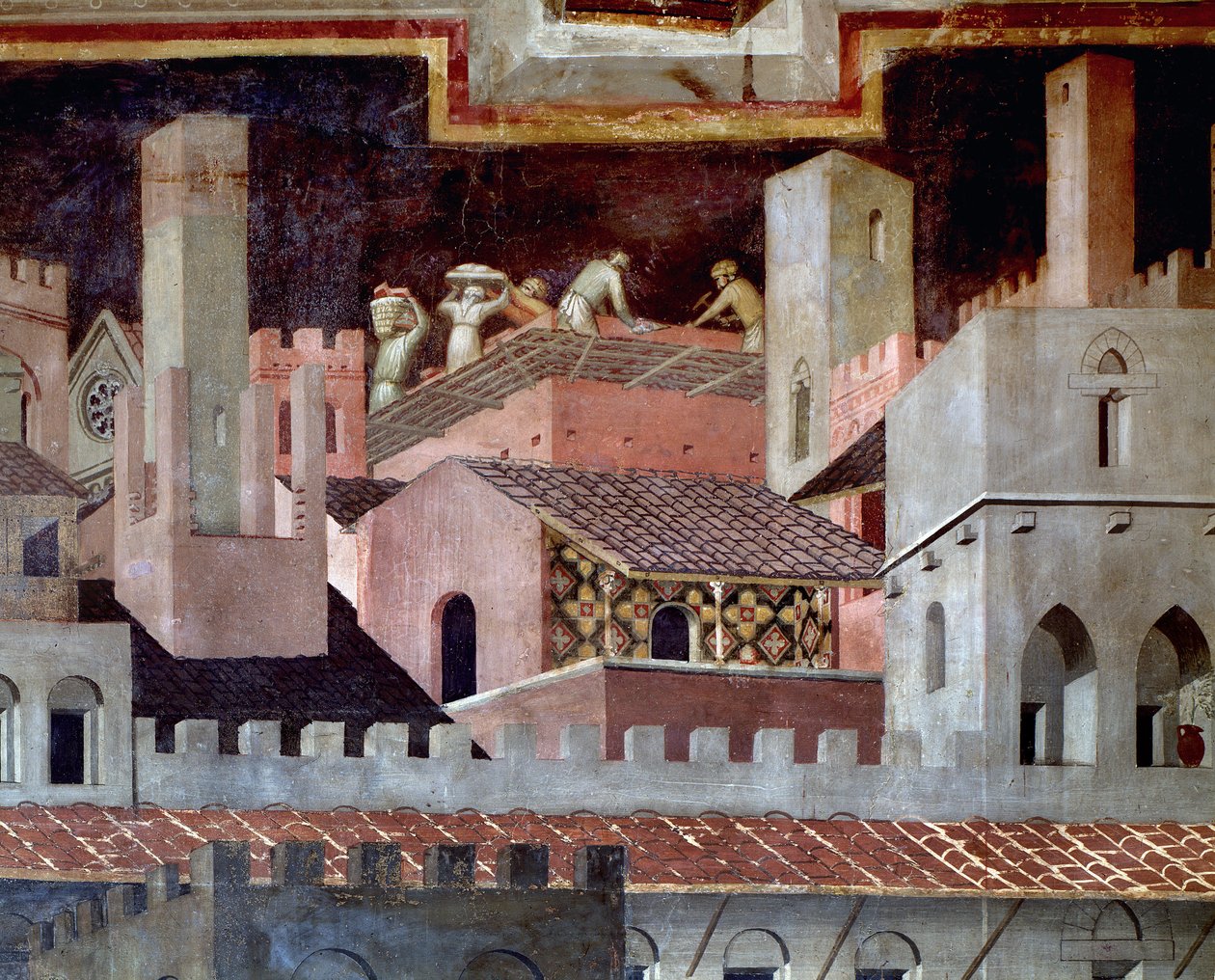 A jó és rossz kormányzás hatásai a városra és az országra. Részlet a jó kormányzás hatásairól a városban - 1338-1340, freskó alkotó: Ambrogio Lorenzetti