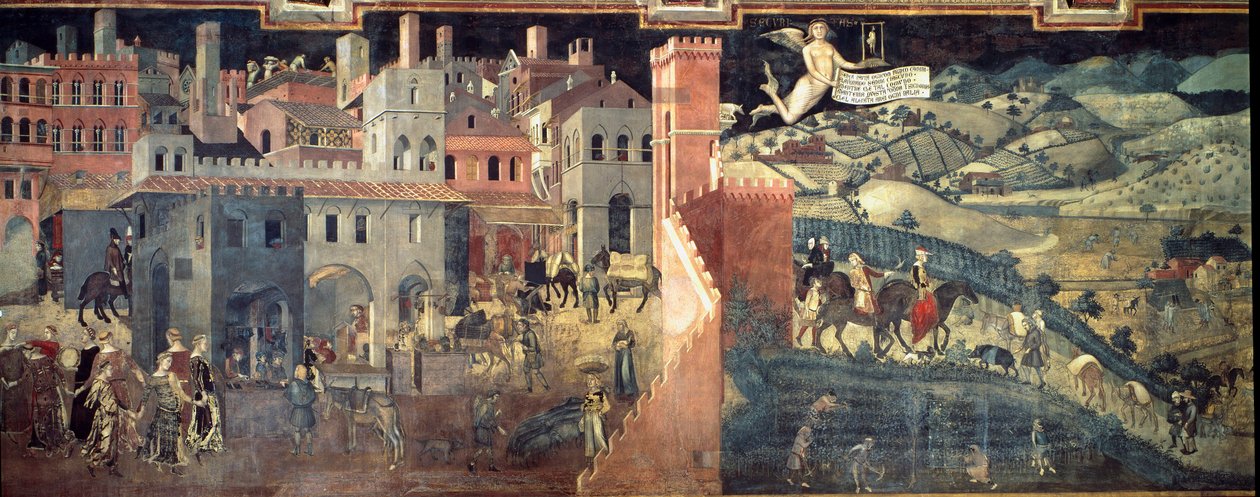 A jó és rossz kormányzás hatásai a városra és az országra. Részlet a városról. Ambrogio Lorenzetti freskója (1290-1348) alkotó: Ambrogio Lorenzetti