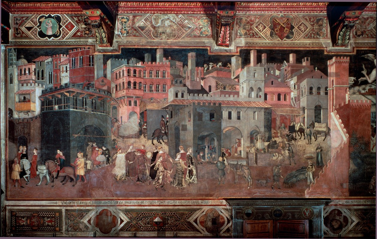"A jó és a rossz kormányzás hatásai a városra és az országra." Részlet a városról. Ambrogio Lorenzetti freskója (1290-1348) alkotó: Ambrogio Lorenzetti