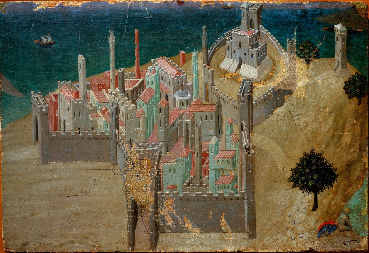 Kilátás egy erődített városra a tenger közelében Részlet. Detrempe fán, Ambrogio Lorenzetti alkotó: Ambrogio Lorenzetti
