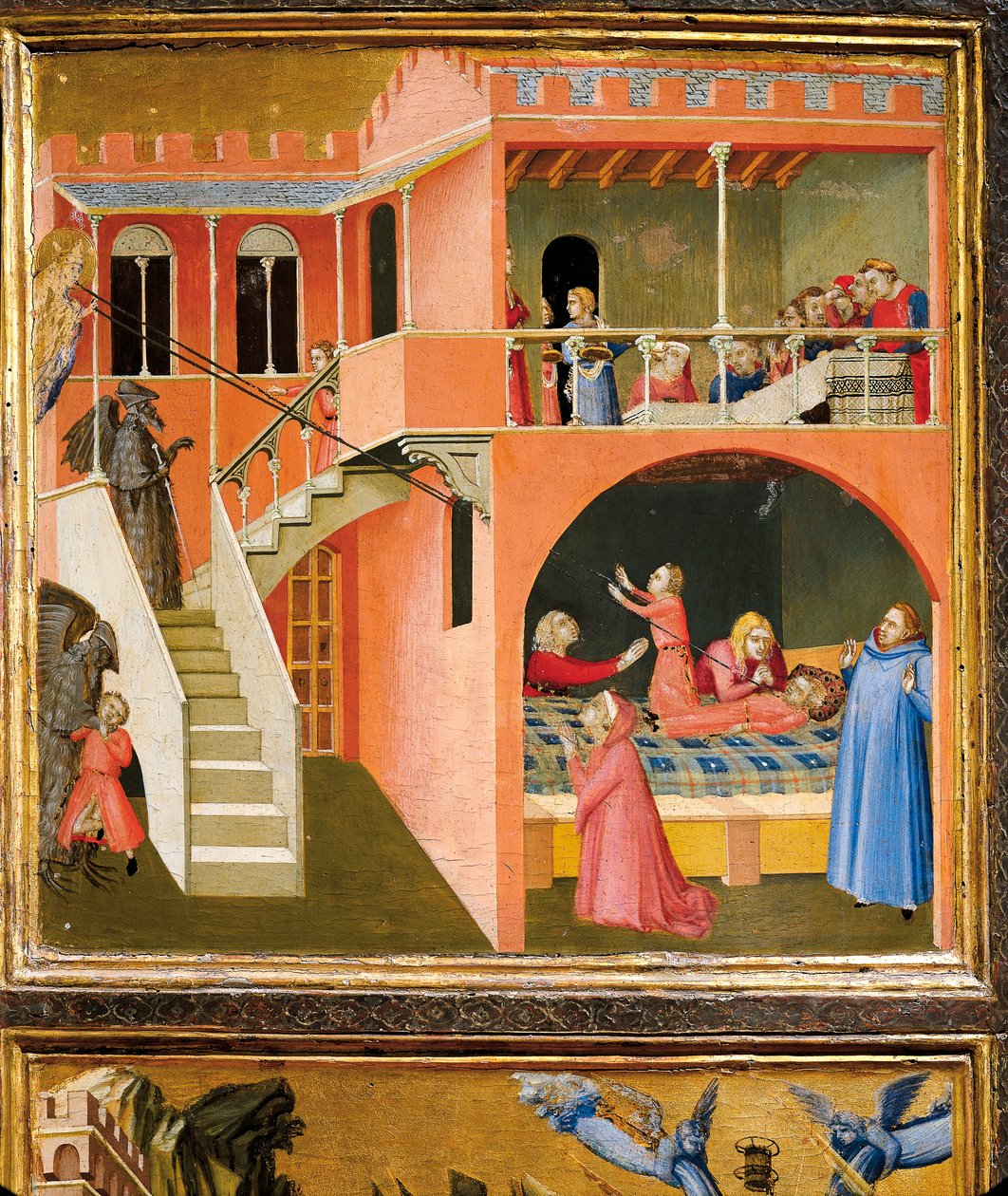 démon által pózolt Szent Miklós újjáéledő fiú csodája, részlet Bari Szent Miklós csodáiból alkotó: Ambrogio Lorenzetti