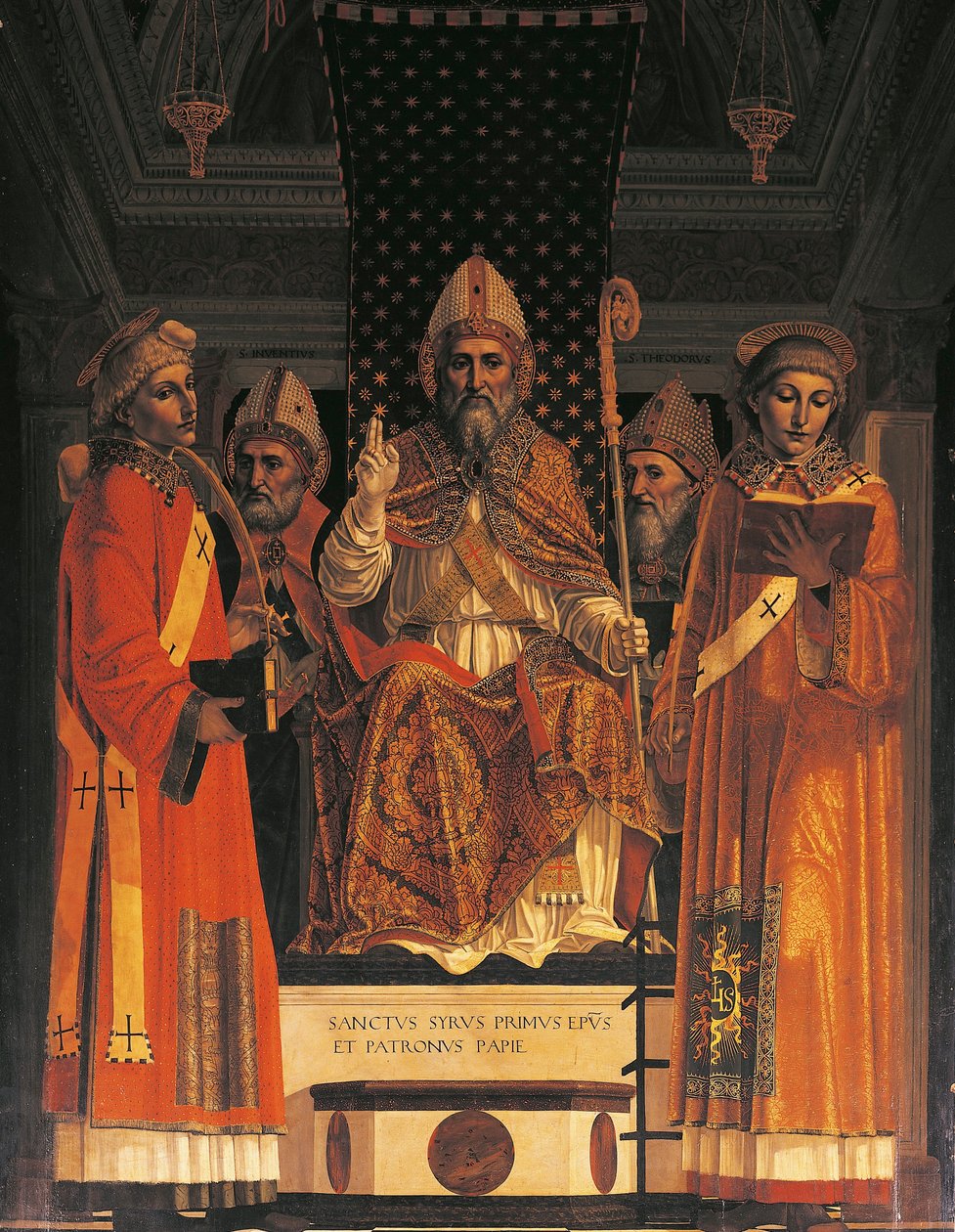 Olaszország, Lombardia, Pavia Charterhouse (Certosa), jobb oldalon az ötödik kápolna, oltárkép Szent Szirusszal trónoló Ambrogio da Fossano ismert („il Bergognone”) alkotó: Ambrogio da Fossano (c.1460 1523)