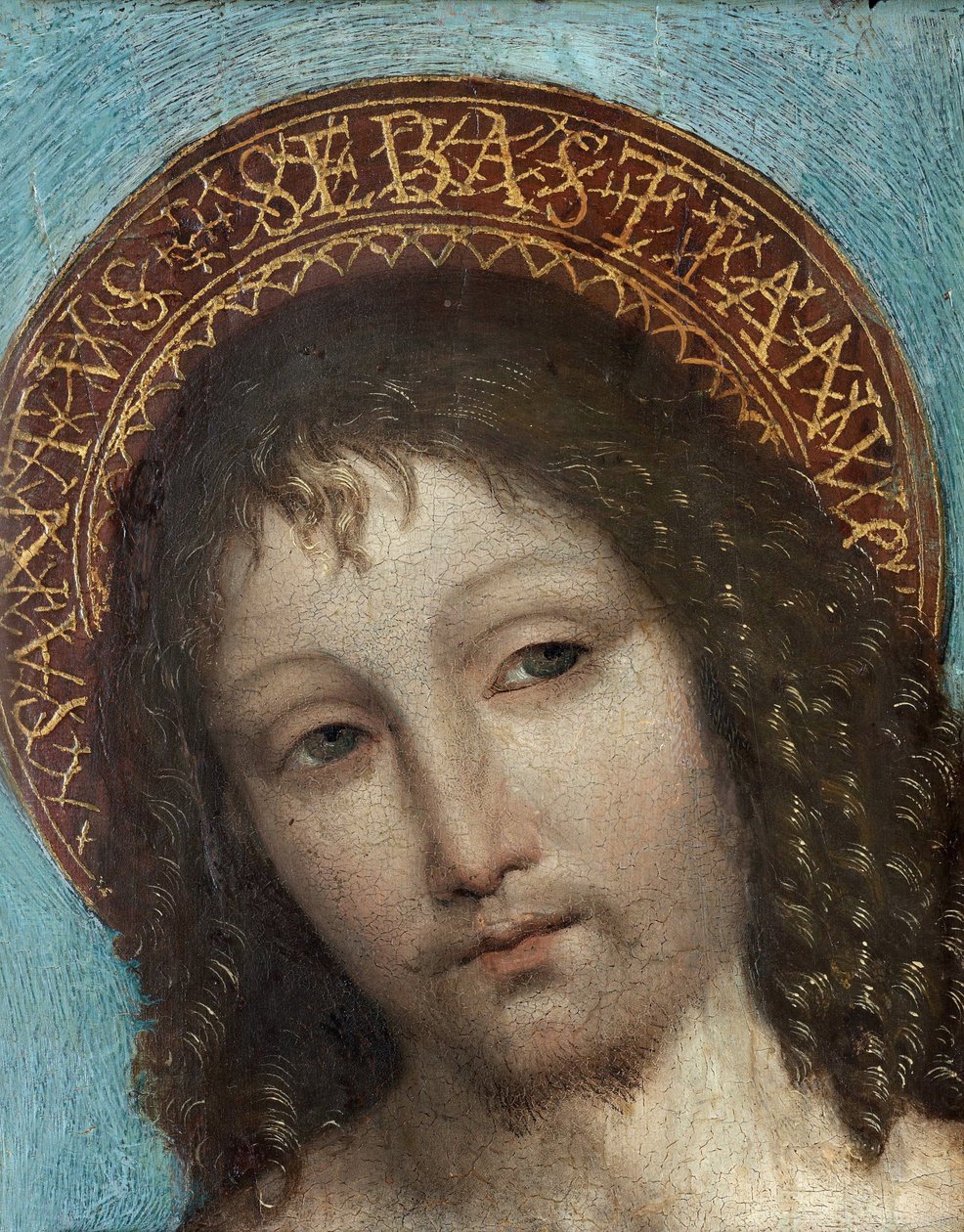 Szent Sebestyén - Ambrogio Stefani da Fossano festménye, dit il Bergognone vagy Borgognone (Le Bouguignon) (1453-1523), olaj, fa (23x18 cm) - Szent Sebestyén, Ambrogio Bergognone olaj, fa, 15. század vége-16. század eleje - Magángyűjtemény alkotó: Ambrogio da Fossano (c.1460 1523)