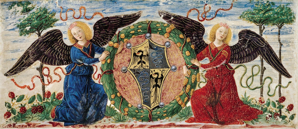 Sforza címert ábrázoló pajzsot tartó angyalok, burgundi mini pergamen alkotó: Ambrogio da Fossano (c.1460 1523)
