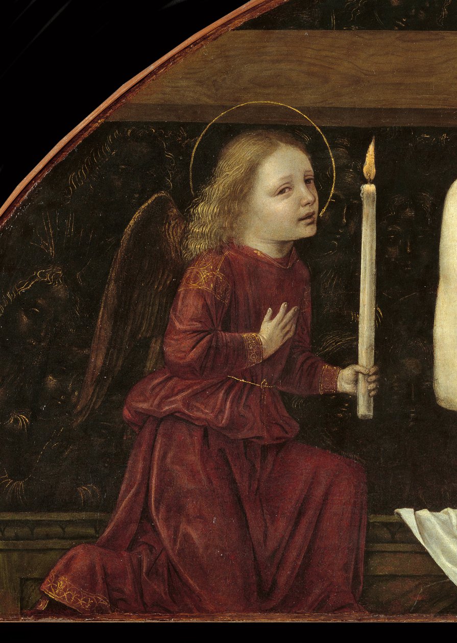 Krisztus Piete-ben két angyallal körülvéve Részlet egy gyertyát tartó angyalt ábrázol alkotó: Ambrogio da Fossano (c.1460 1523)