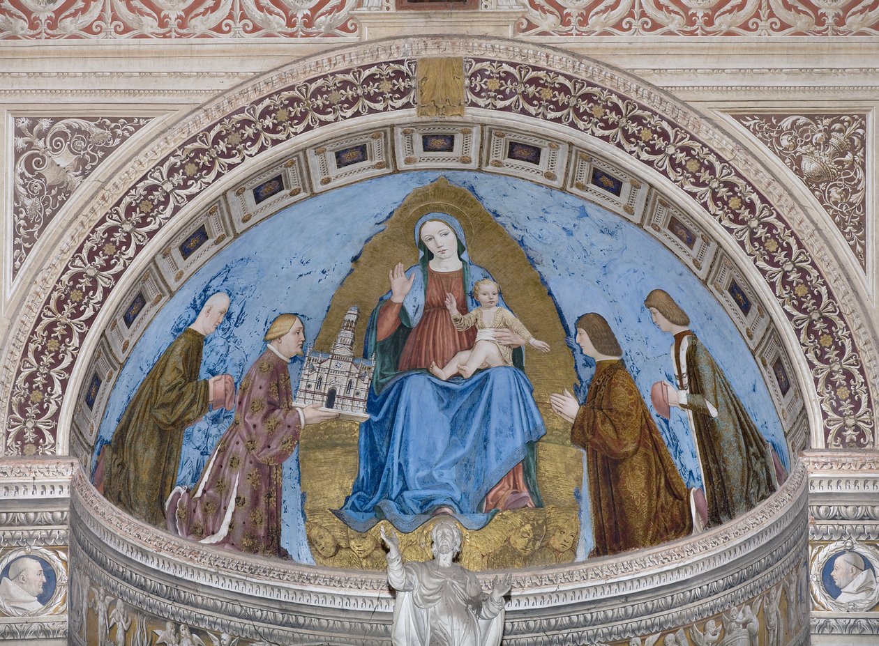 Gian Galeazzo Visconti és gyermekei Filippo Maria, Giovanni Maria és Gabriele Maria bemutatják a Certosa makettjét Szűz Máriának és Gyermekének (freskó) alkotó: Ambrogio da Fossano (c.1460 1523)