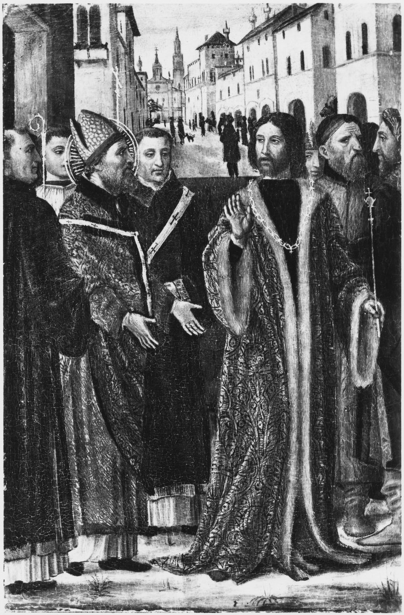 Szent Ambrus megtagadja I. Nagy Theodosius római császártól a belépést a milánói templomba (freskó) (fekete-fehér fotó) alkotó: Ambrogio da Fossano (c.1460 1523)