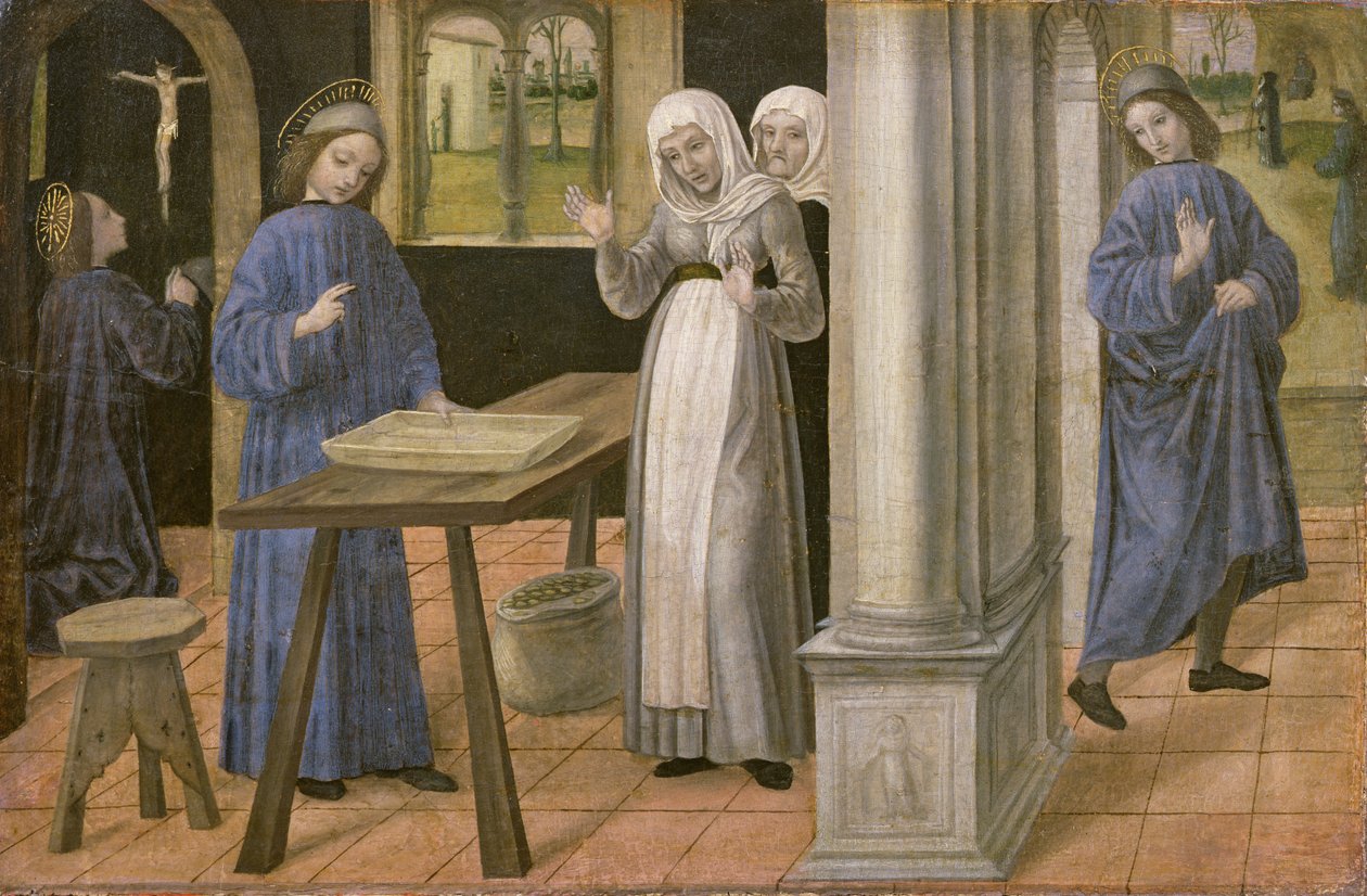 Az ima, A szita csodája és az indulás Subiaco felé, predella tábla egy oltárképről, amely jelenetek Szent Benedek életéből, 1488-95 alkotó: Ambrogio da Fossano