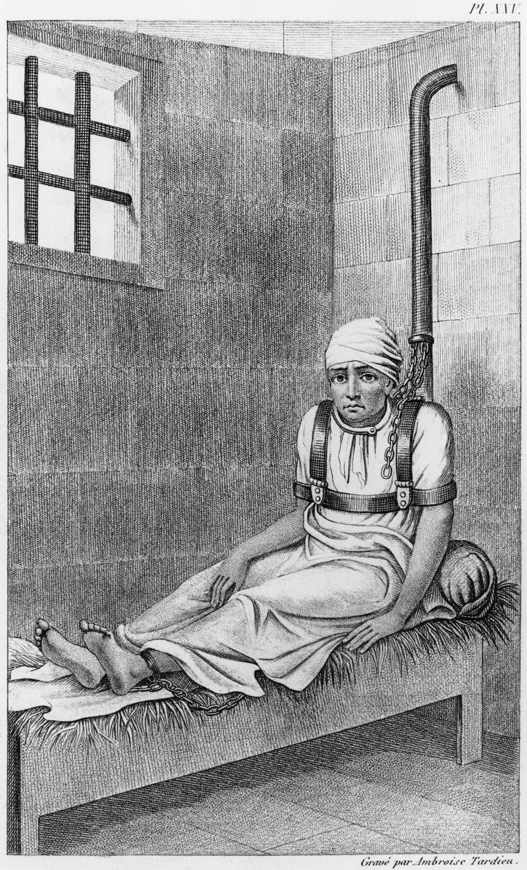 Leláncolt őrült Bedlamban, illusztráció a Des Maladies Mentalesből, amely az orvosi, higiéniai és orvosi jogi jelentés alapján készült, Etienne Esquirol (1772-1840) XXV. lemez, 1838 (bw pho alkotó: Ambroise Tardieu
