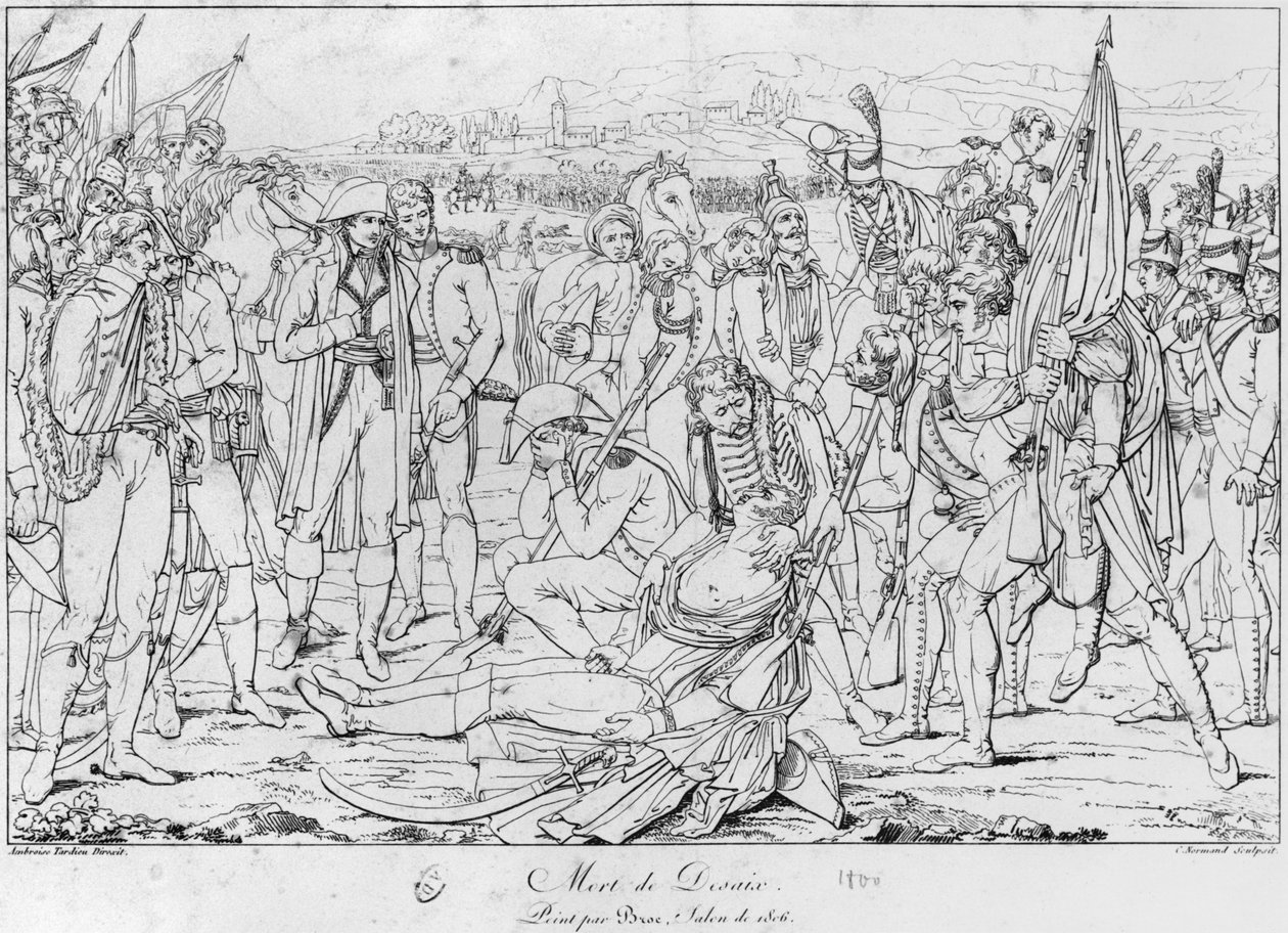 Desaix tábornok halála a marengói csatában 1800. június 14-én, Jean Broc festménye után, 1806-os szalon, amelyet Charles Normand (1765-1840) metszett alkotó: Ambroise Tardieu
