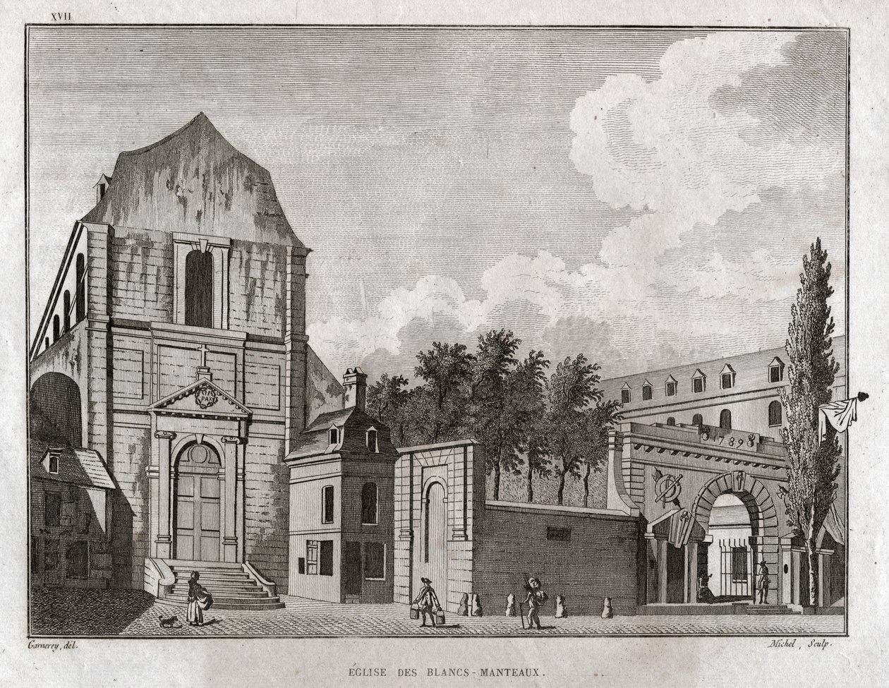 A Blancs Manteaux templom a párizsi Marais kerületben. 1780 körül (metszet) alkotó: Ambroise Louis Garneray