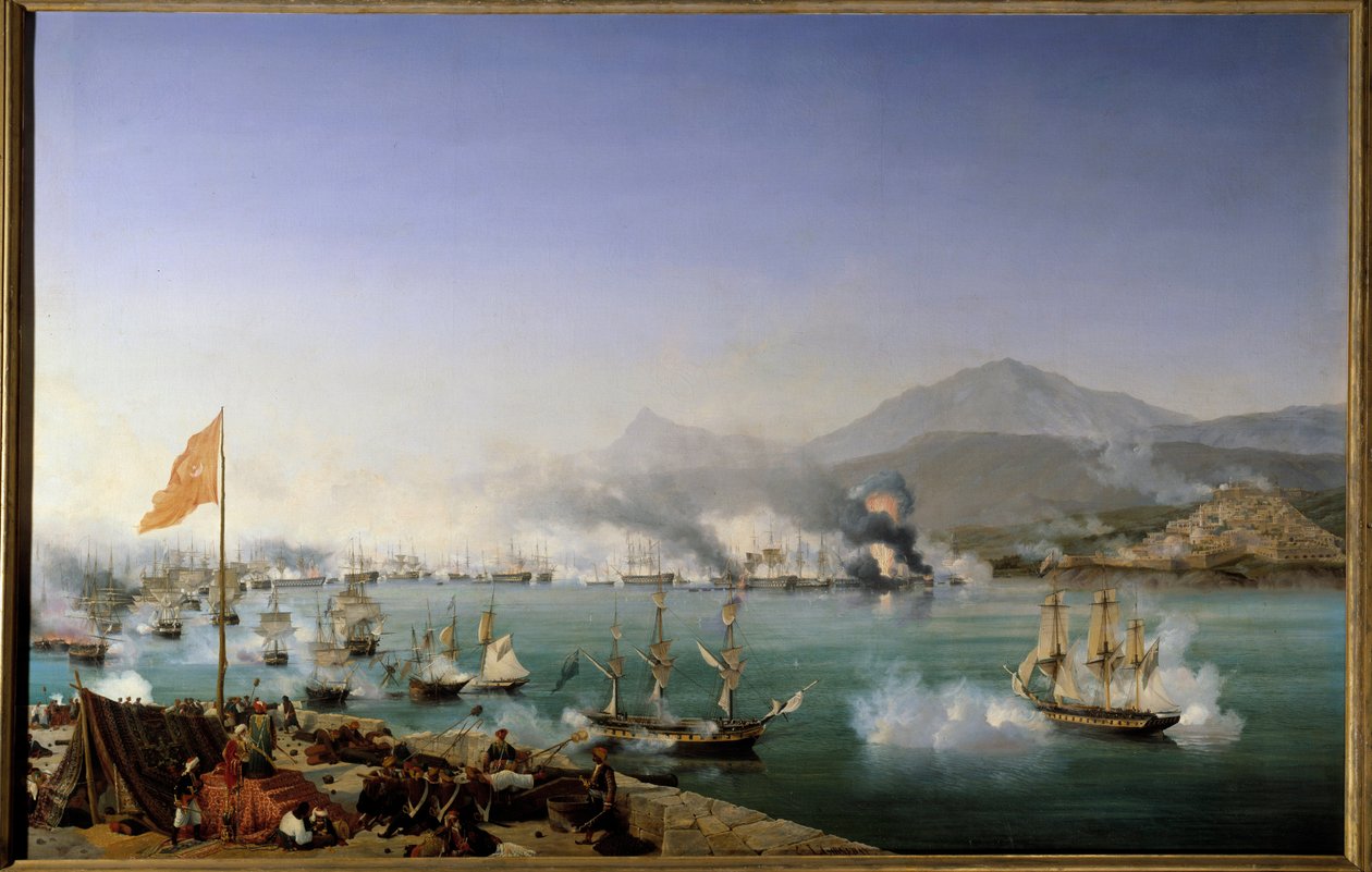 Görög függetlenségi háború: „” Navarin 1827. 10. 20-i tengeri csatájának képe”” A Navarin-öbölben (Pylos, Nyugat-Peloponnészosz) zajlott az oszmán flotta és egy francia-angol-orosz flotta között. Ambroise Louis Garneray (1783-1857) festménye 1831 V. 1,79 x alkotó: Ambroise Louis Garneray