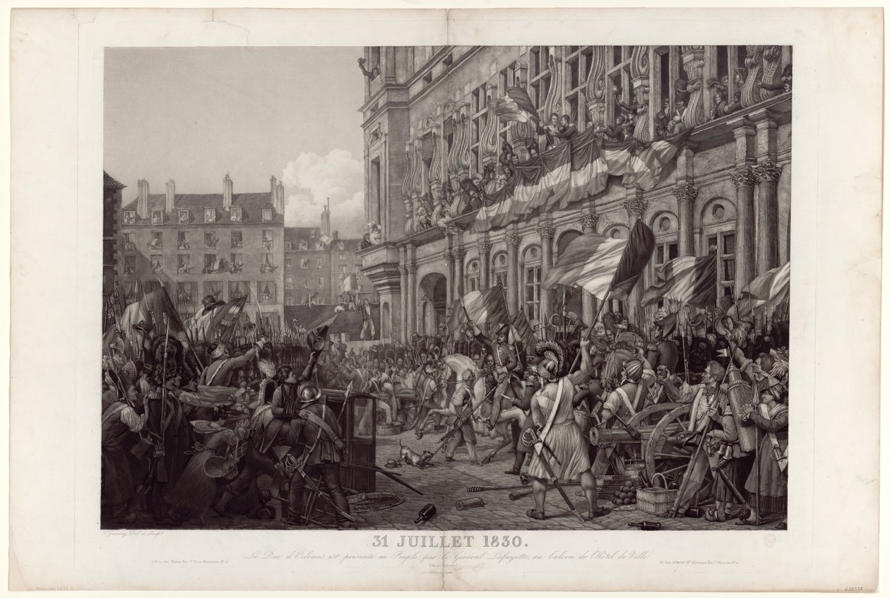 Az Orléans-i herceget 1830. július 31-én La Fayette tábornok mutatta be a népnek a Hôtel de Ville erkélyén. alkotó: Ambroise Louis Garneray