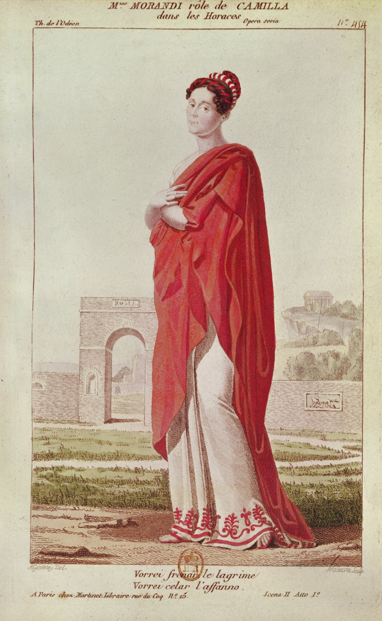 Madame Morandi Camille szerepében, Pierre Corneille (1606-84) "Horatii" című művének I. felvonásából, 2. jelenet, Pierre Maleuvre (1740-1803) metszete. alkotó: Ambroise Louis Garneray
