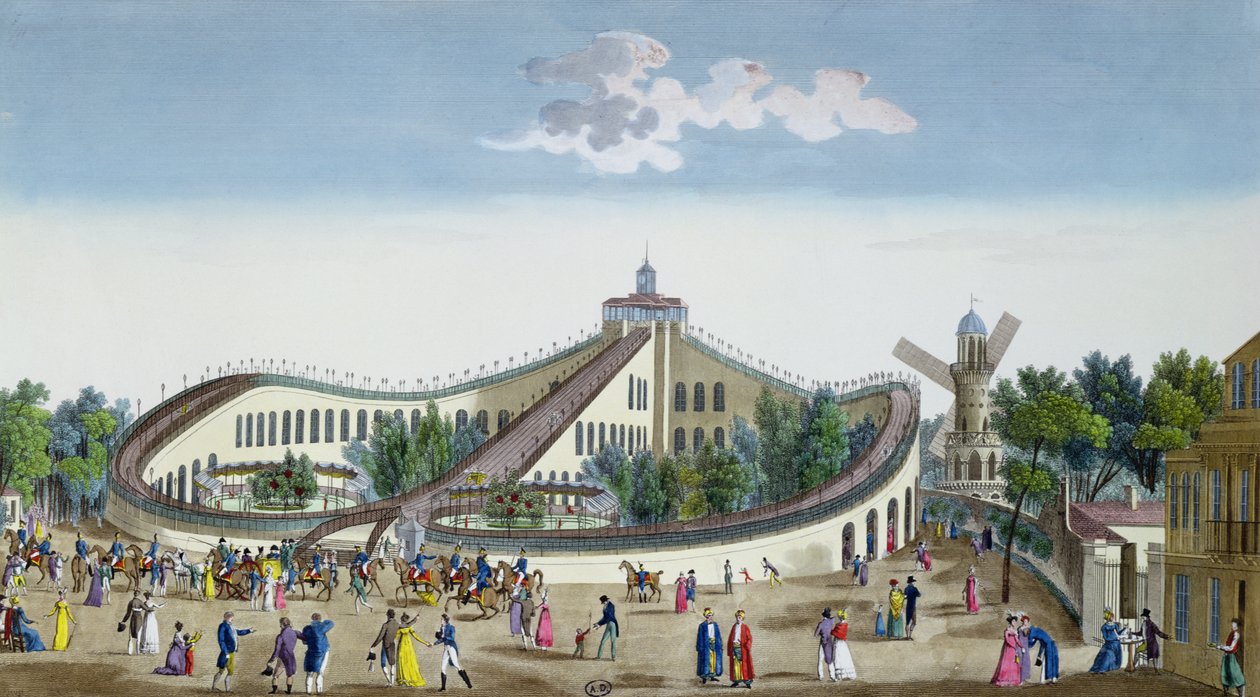 Promenades Aeriennes, Jardin Baujon, Őfelsége jelenlétével megtisztelve, 1817. augusztus 2., 1817 körül (színes metszet) alkotó: Ambroise Louis Garneray