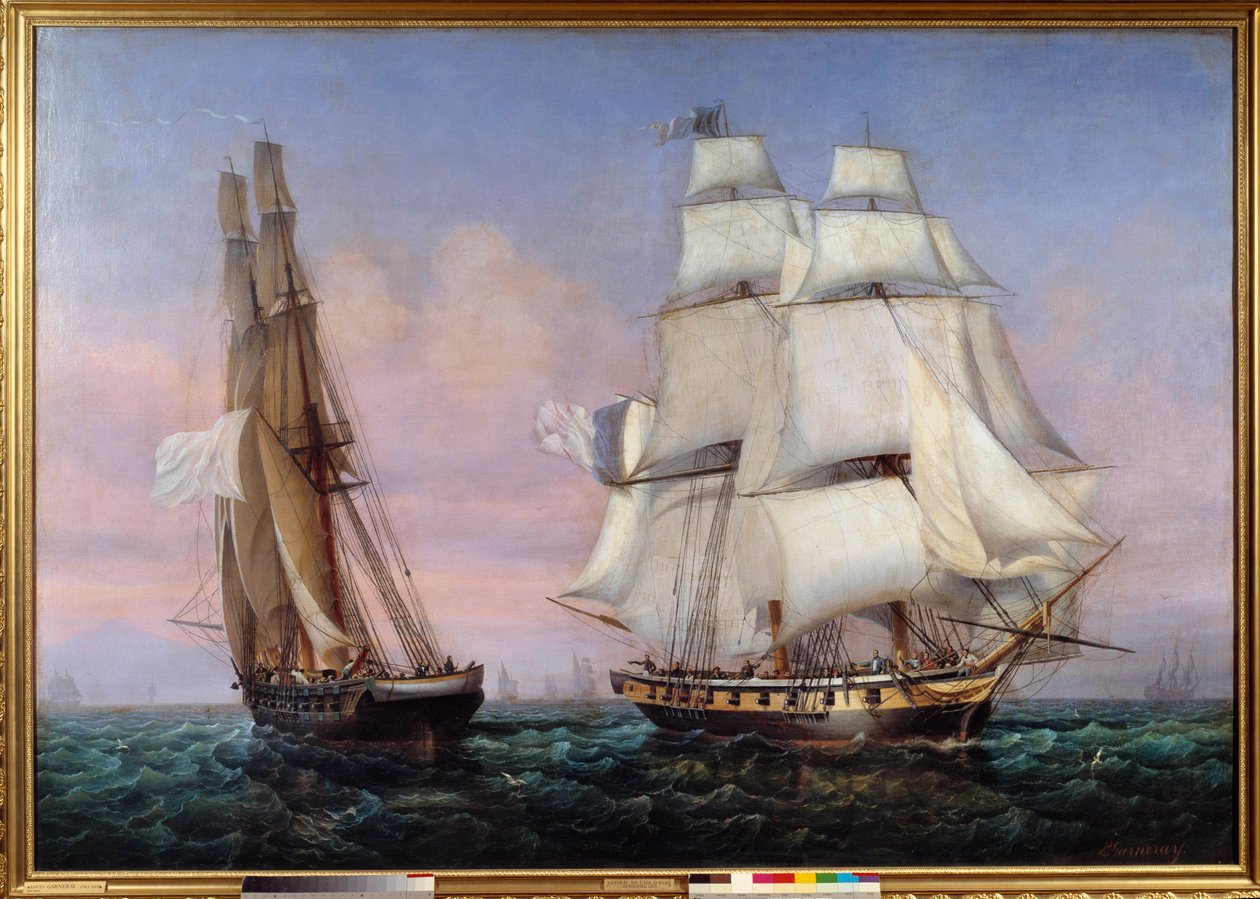 Visszatérés Elba szigetéről 1815.02.28. I. Napóleon (1769-1821) a „” The inconstant””” hajó fedélzetén átkel a „” Zephyr””-en”. Ambroise Louis Garneray (1783-1857) festménye 1837 V. 1,87x2,27 m alkotó: Ambroise Louis Garneray