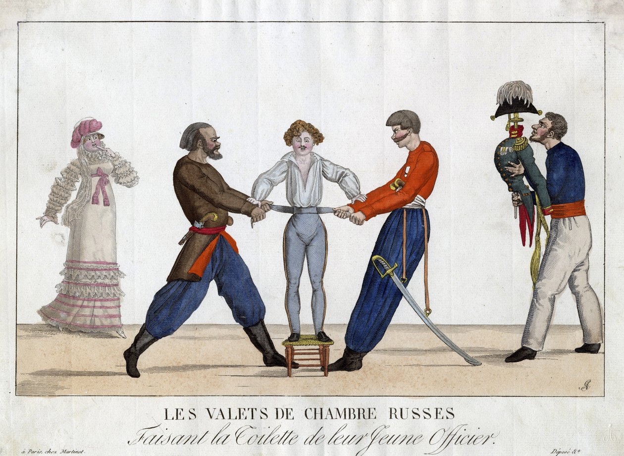 Egy fiatal orosz tiszt vécéje - Garneray, Ambroise Louis (1783-1857) - c. 1815 - Rézkarc, akvarell - 24x32,6 - Magángyűjtemény alkotó: Ambroise Louis Garneray