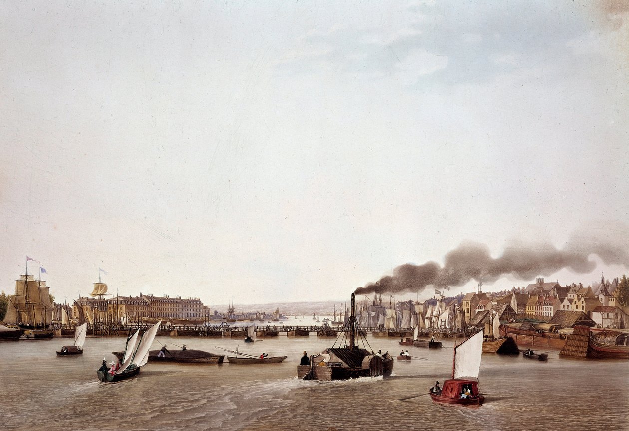Kilátás a folyami forgalomra a Szajnán Rouenig. Ambroise Louis Garneray (1783-1857) akvarellje 19. századi Párizs, B.N. alkotó: Ambroise Louis Garneray