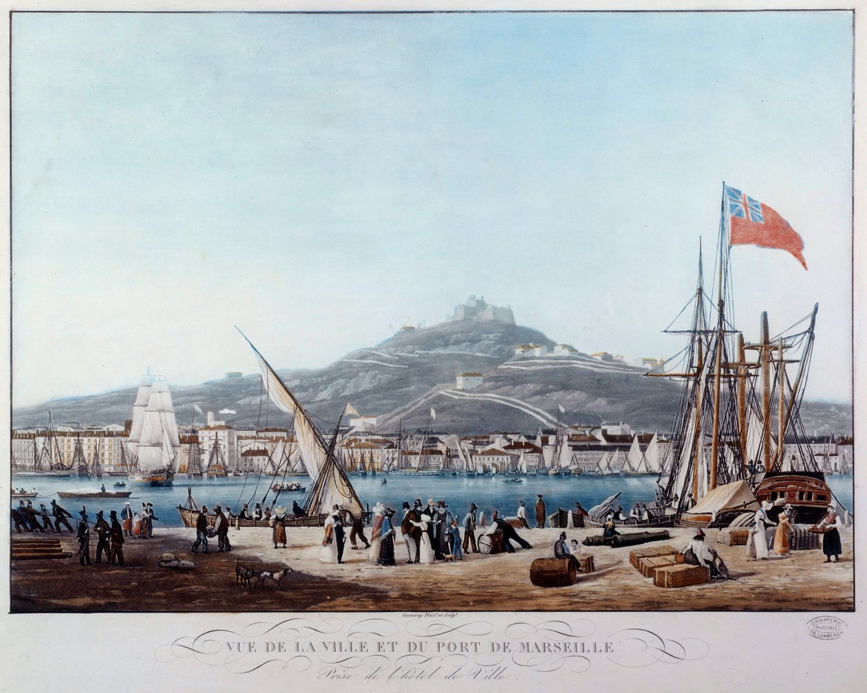 Marseille kikötőjének képe Ambroise Louis Garneray (1783-1857) restaurációs akvarellje alatt, 19. századi Marseille, Musee de la Marine alkotó: Ambroise Louis Garneray
