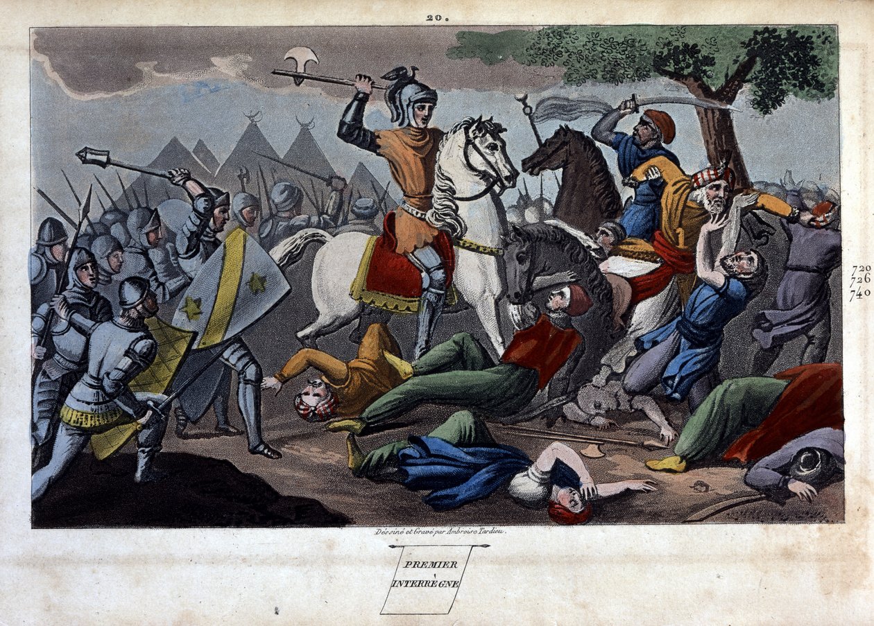 Poitiers-i csata: Charles Martel legyőzte Tours és Poitiers I. Abd al-Rahman vagy Abderamane I (Abd al-Rahman) (731-788), a szaracénok királya 732-ben – Ambrose Tardieu tervezte és vésette 1825-ben. alkotó: Ambroise Tardieu