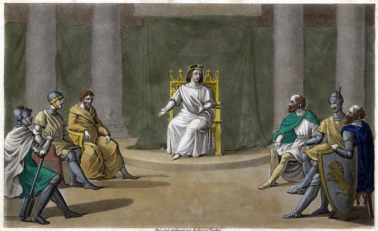 Caribert vagy Chérebert, párizsi király (561-567), tanácsot tartott, ahol igazságot adott. Ambroise Tardieu tervezte és metszett 1825-ben. alkotó: Ambroise Tardieu