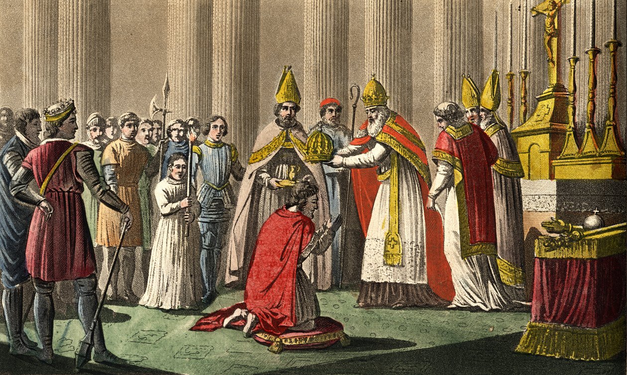 Leó pápa (750-816) koronázta meg Nagy Károlyt (742-814) a római Szent Péter-bazilikában 80. december 25-én - Nagy Károly (742-814) megszentelt (742-814) 800-ban III. Leó pápa. Ambroise Tardieu tervezte és metszett 1825-ben. alkotó: Ambroise Tardieu