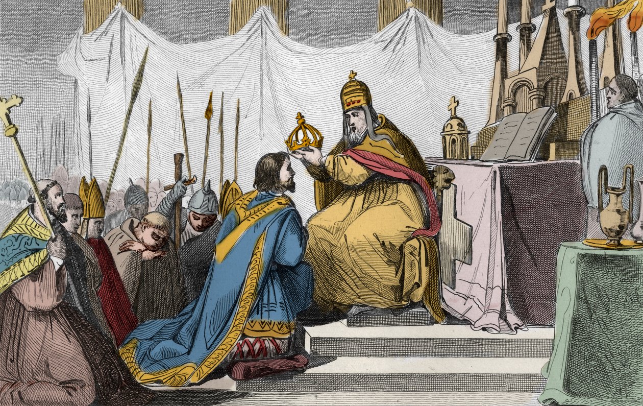 Nagy Károlyt (742-814) III. Leó pápa (c750-816) koronázta meg a római Szent Péter-bazilikában 800. december 25-én - Nagy Károly (742-814) szent (742-814) en 800-as koronázása III. Leon pápa által. Histoire de France, amelyet szinoptikus festmények képvisel alkotó: Ambroise Tardieu