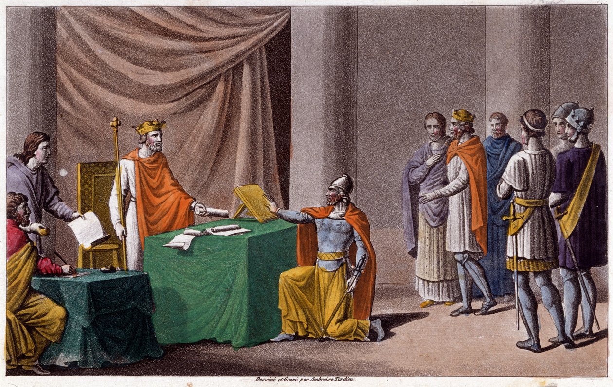 II. Kopasz Károly (823-877) aláírta a verduni szerződést (843) Germán Lajossal (804-876). Ambroise Tardieu tervezte és metszett 1825-ben. alkotó: Ambroise Tardieu