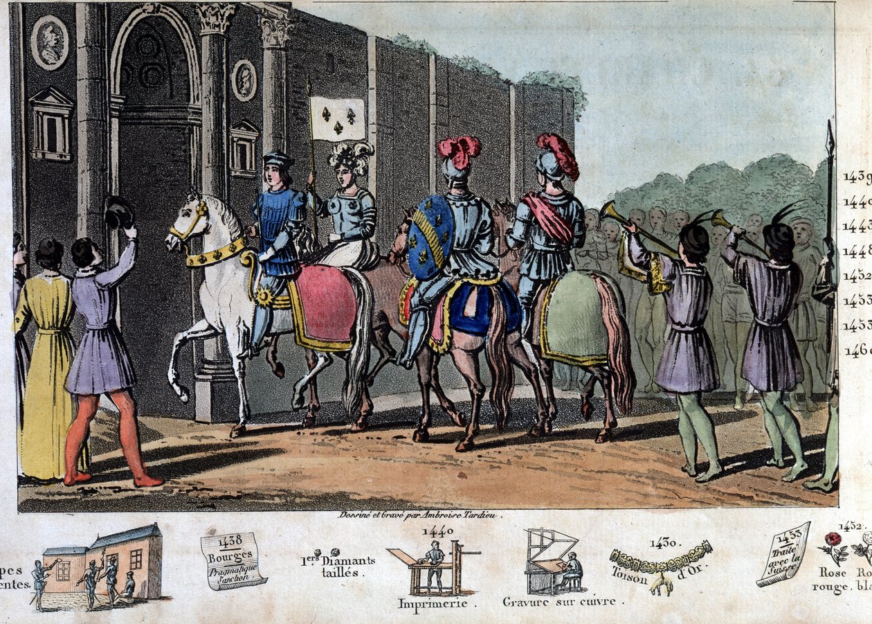 VII. Károly azt mondja: „A győztes” (1403-1461). Az angolok ostrom alatt álltak Orléansban, de Jeanne of Arc felemelte az ostromot, kiszabadította Orléanst, és 1429-ben a királyt Reimsbe vezette. - Ambroise Tardieu tervezte és metszett 1825-ben. alkotó: Ambroise Tardieu