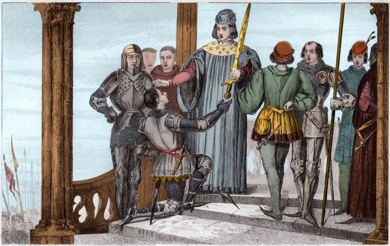 Bölcs V. Károly (1358-80) átnyújtja kardját Duguesdinnak - V. Károly Le sage (1338-1380) ünnepélyesen átadja Bertrand du Guesclin (1320-1380) kardját - 1825-ös metszet a „Histoire de Frances által képviselt szinoptikus festményekben dediee a alkotó: Ambroise Tardieu