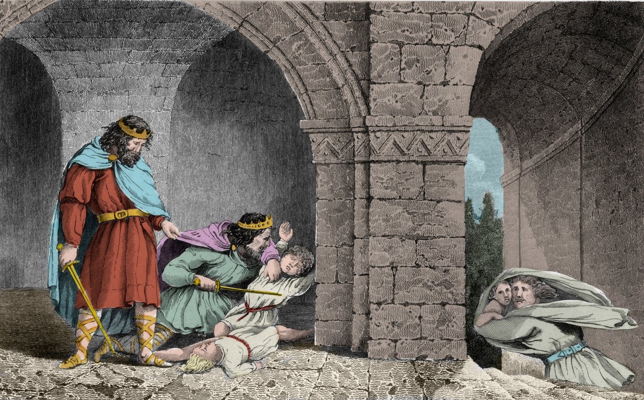 I. Childebert (c498-558) testvérei örököseinek meggyilkolásakor - Childebert I hagytam, hogy Clotaire (Clothaire) lemészárolja testvérük, Clodomir orléans-i király gyermekeit, akinek államain osztoznak - 1825-ös metszet a „Histoire de France-ban, képviseli alkotó: Ambroise Tardieu