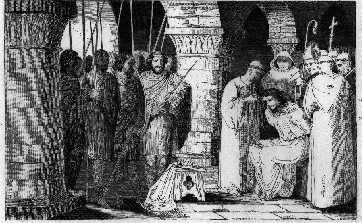 III. Childeric-et (714-751) letaszítják a trónról, és kolostorba zárják - III. Childeric detronizálta, és Pepin le Brit bezárta egy Saint Omer-i kolostorba 742-749 között - 1825-ös metszete a „Histoire de France-ban, amelyet szinoptikus festmények képvisel alkotó: Ambroise Tardieu