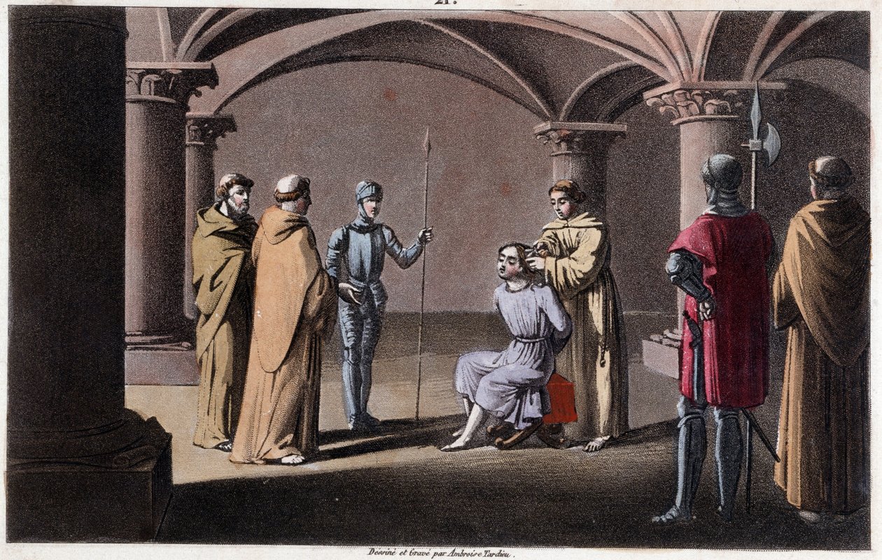 Childeric III felrobbantja és bezárja Pepin le Brief egy Saint Omer-i kolostorban 742 és 749 között. Ambroise Tardieu rajzai és sírja 1825-ben. alkotó: Ambroise Tardieu