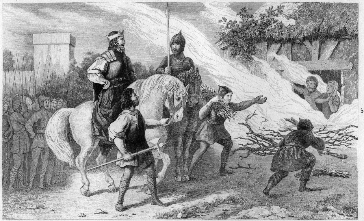 I. Chlothar (497-561) megégeti lázadó fiát és családját, 560 - I. Clotaire (Clothaire) (497-561), a frankok királya 560-ban elégeti fiát, Chramne-t (Chram, Chramn) és feleségét, akik fellázadtak ellene. neki - Metszet 1825 in „Histoire de France képviseli alkotó: Ambroise Tardieu
