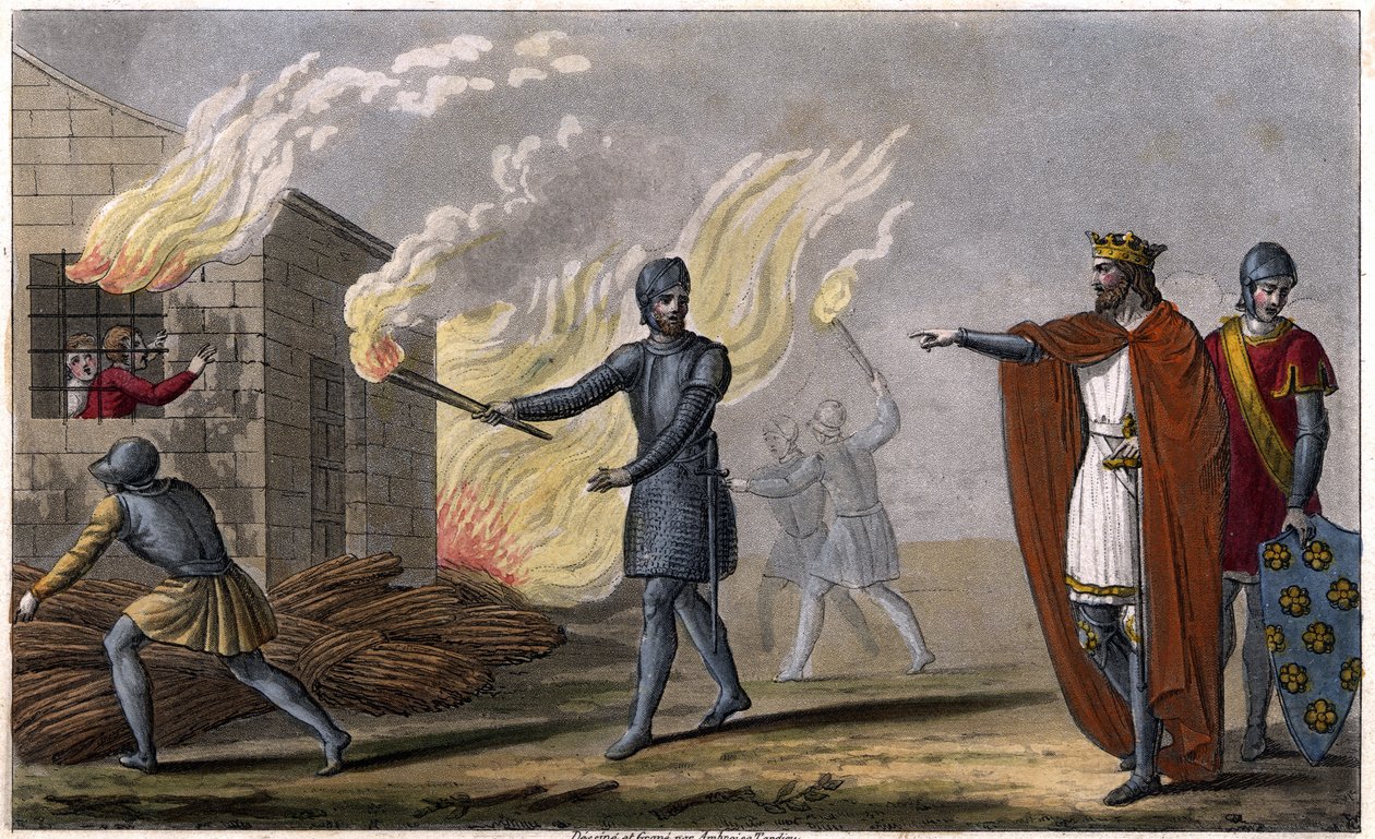 Clotaire (Clothaire) I (497 - 561) megégeti Chramne fiát egy házikóban, fellázad ellene - Clotaire uralkodása. Clotaire leégett egy kunyhóban, fia, Chramne fellázadt ellene – Dessine et grave, Ambroise Tardieu 1825-ben. alkotó: Ambroise Tardieu