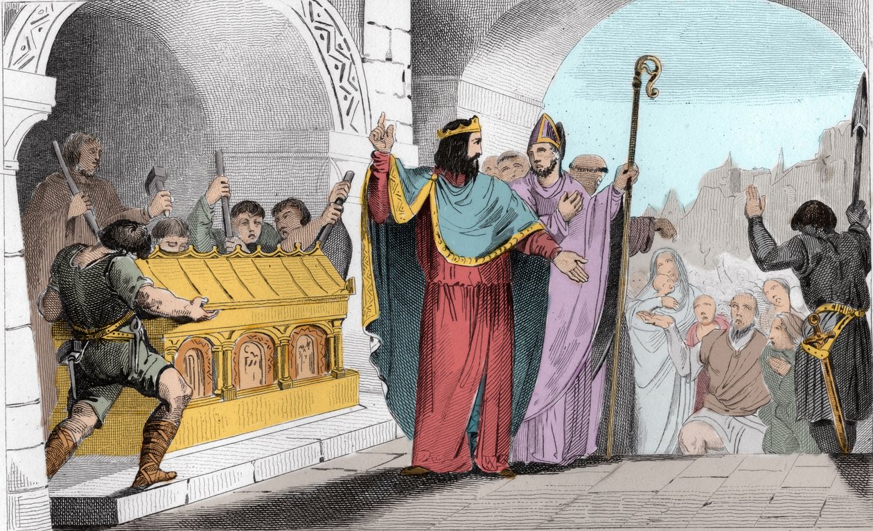 Clovis II (635-657) Ezüst és arany eladása a szentélyből a szegények élelmezésére – Clovis II dit “” le Faineant”” a szegények élelmezésére készítette az arany- és ezüstpengéket a Saint-Denis-i templomból – Metszet 1825-ben „Histoire de France képviseli sy alkotó: Ambroise Tardieu