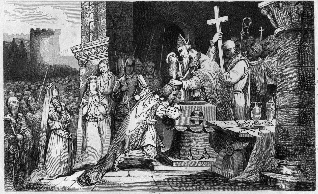 I. Clovis (465-511) megkeresztelkedett seregének embereivel a tolbiaci csata előtt - Clovis Bapteme 496. december 1., 25.: Le roi des Francs (466-511) Szent Remi (437-533) megkeresztelkedett. Reims, a Szent Márton templomban - 1825-ös metszet a „Histoi alkotó: Ambroise Tardieu