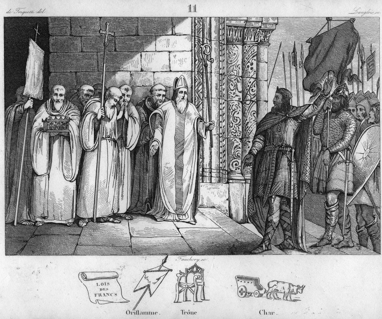 Dagobert 603-639 lebontja a transzparenst St Denisben – I. Dagobert, a frank király, aki a Saint-Denis-i apátságot létrehozta, ott helyezte el az oriflame-t 634 körül – 1825-ös metszet a „Histoire de France szinoptikus festményekkel ábrázolva dedie” alkotó: Ambroise Tardieu