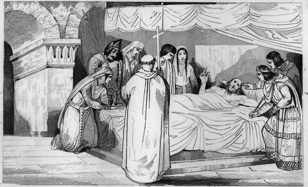 Herstal Pepin (635-714) halála családjával körülvéve - Pepin de Herstal (Pepin le Brief nagyapja), családja és III. Dagobert jelenlétében (714-ben) halála - 1825-ös metszet a „Histoire de France”-ban szinoptikus fájdalom képviseli alkotó: Ambroise Tardieu
