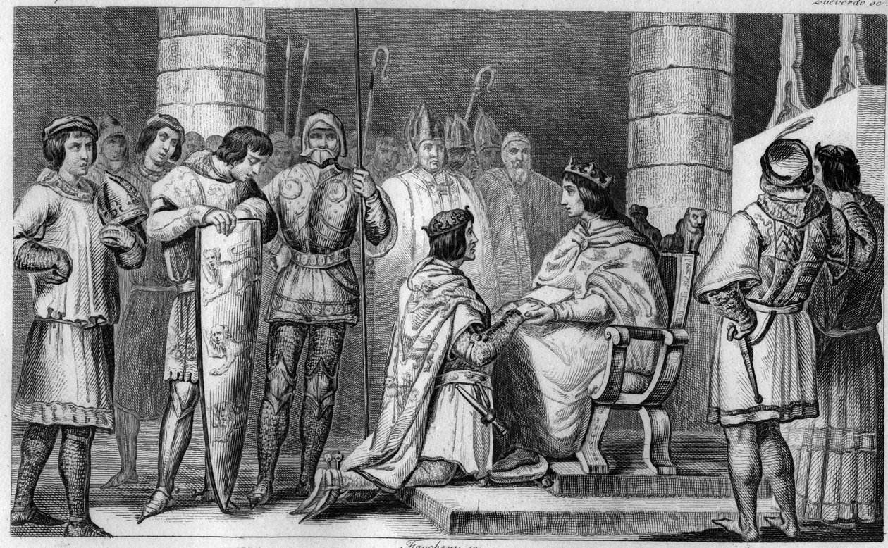 Az angol III. Edward arra kötelez bennünket, hogy tisztelegjünk VI. Valois-i Fülöp előtt, az amiens-i katedrálisban 1329-ben – 1825-ös metszet a „Histoire de France-ban, amelyet szinoptikus festmények ábrázolnak, amelyeket Franciaország gyermekeinek és az  alkotó: Ambroise Tardieu