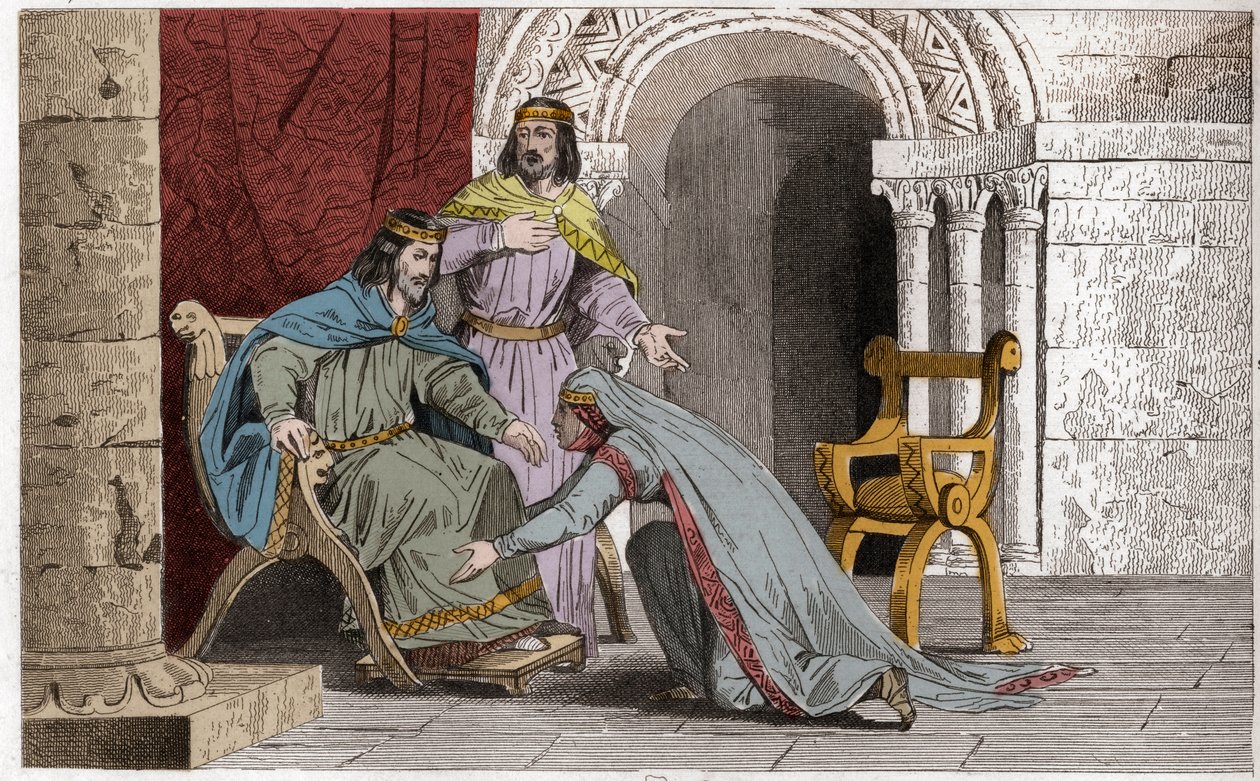 Emme megcsókolja férje, Raoul (d936) térdét szuverenitása elismeréseként – Emma de France (894-934) megcsókolja férje, Raoul (kb. 890-936) térdét, akit III. Károly fogságában választott királynak. az egyszerű - 1825-ös metszet alkotó: Ambroise Tardieu