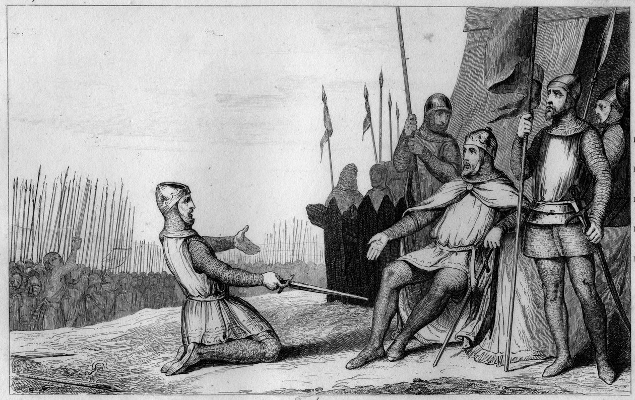 I. Henrik (1008-60) öccsének, Robert-Le-Vieux-nak 1032-ben – I. Henrik (1008-1060), francia király köszönetet mond testvérének, Robert le Vieux-nak, aki felkelt ellene, és átadta a herceget. Burgundia 1032-ben – 1825-ös metszet a „Histoire de France repr alkotó: Ambroise Tardieu