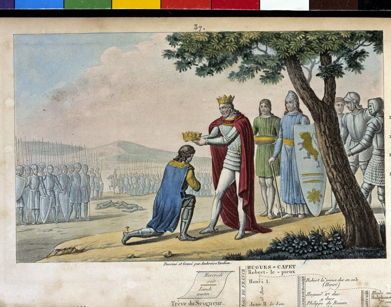 I. Henrik (1008-1060), Capetian dinasztia. Testvére, Robert le Vieux győztese megbocsátott neki, és 1016-ban neki adta a Burgundia Hercegséget – Ambroise Tardieu tervezte és metszett 1825-ben. alkotó: Ambroise Tardieu