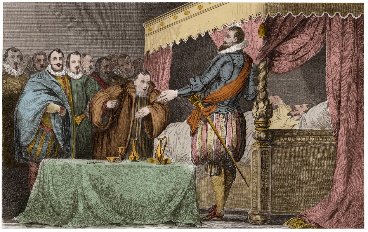 III. Henrik (1551-1589), francia király halálos ágyán Navarrai Henriket (IV. Henrik) törvényes utódjának ismeri el – Saint-Cloud, augusztus 2. alkotó: Ambroise Tardieu