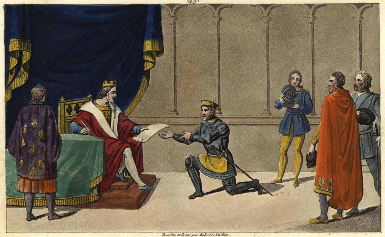 1327-ben IV. Bél Károly (1294-1328) Bourbon úrfiát duche pairie-vé (duche pairie) alakítja Robert de Clermont ágyékfia és Saint-Louis unokája, I. Lajos javára. alkotó: Ambroise Tardieu