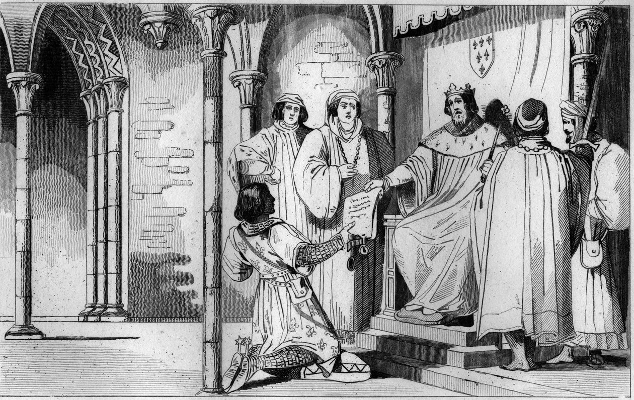 1327-ben IV. Bél Károly (1294-1328) kiváltja Bourbon rendfőnökét Robert de Clermont ágyékfia és Saint-Louis unokája, I. Lajos javára. alkotó: Ambroise Tardieu
