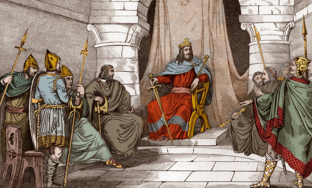 Charibert király (521-567) tanácsban a bírókkal - Caribert vagy Cherebert, Párizs királya (561-567) tanácsot tartott, vagy igazságot szolgáltatott - 1825-ös metszet a „Histoire de France-ban, amelyet szinoptikus festmények képviselnek Franciaország gyermek alkotó: Ambroise Tardieu