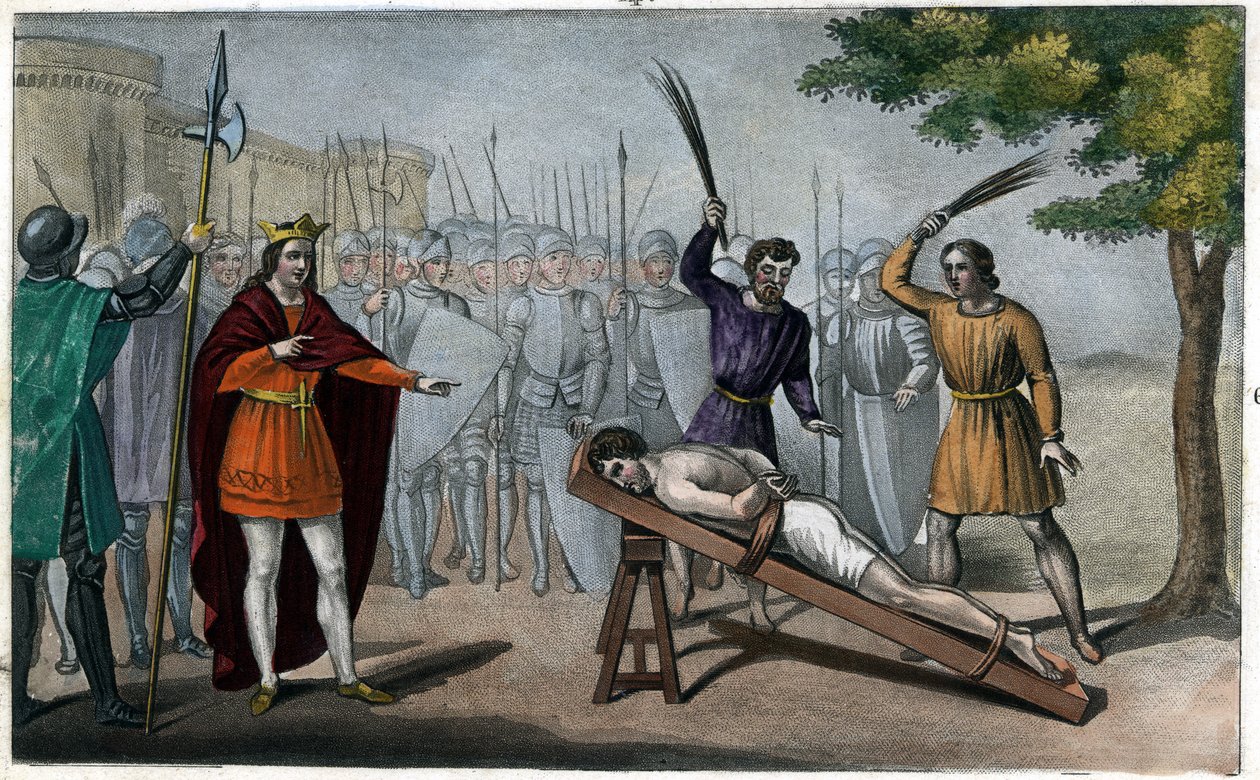 Lord Bodillont megkorbácsolják, miután panaszkodott II. Childeric (653-73) adóemelése miatt – II. Childeric poszthoz kötötte, és rabszolgát verve megvert egy Badillon vagy Bodillon nevű burgundi lordot, amiért fel merte mutatni neki a túlzás veszélyét. adó alkotó: Ambroise Tardieu
