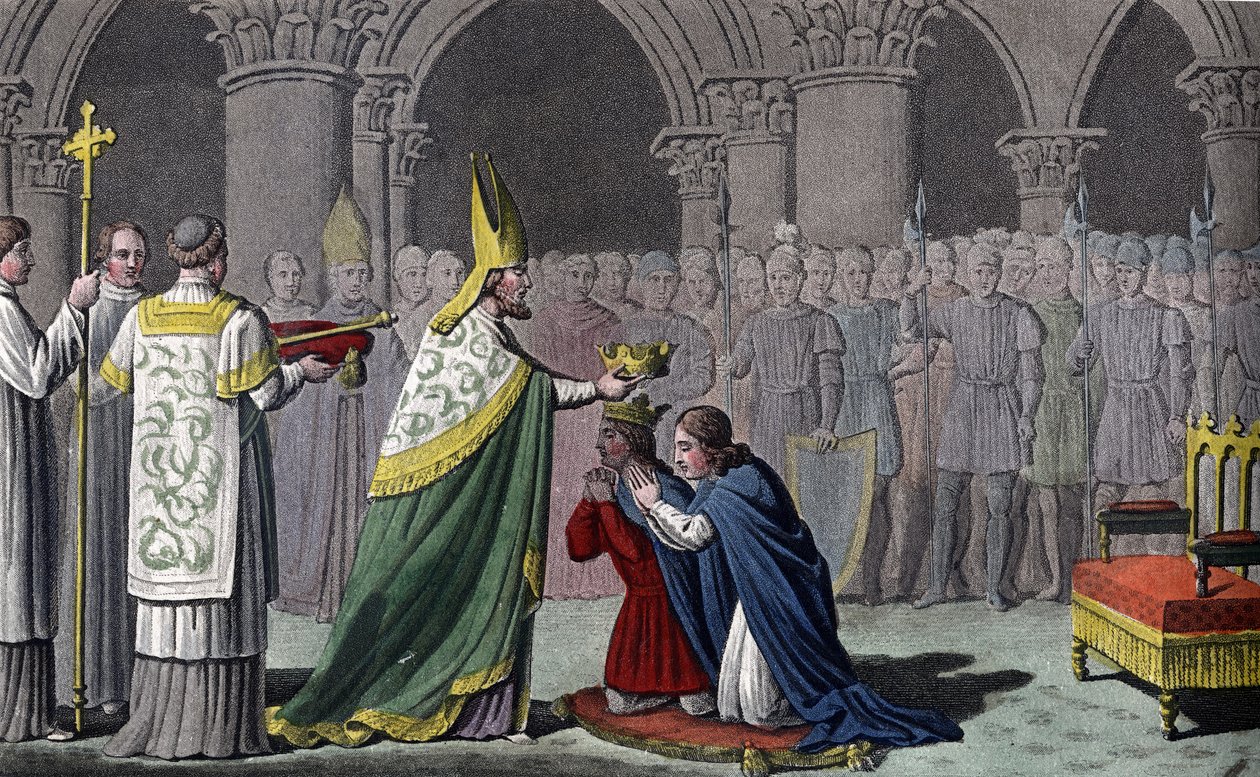 Lajos (863-82) és Carloman (865-84) együtt koronázták meg - III. Lajos (863-882) és Carloman (?-884) szentek, és ugyanazon a napon (879-ben) koronázzák meg a Ferrières-i apátságban Gâtinaisban - Ambroise Tardieu tervezte és metszett 1825-ben. alkotó: Ambroise Tardieu